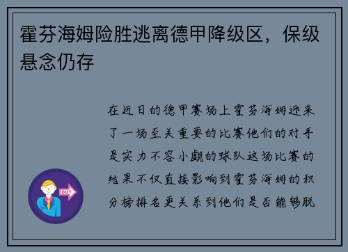 霍芬海姆险胜逃离德甲降级区，保级悬念仍存