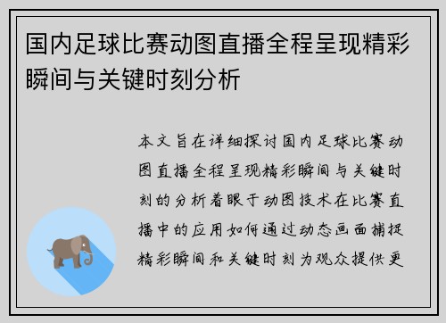 国内足球比赛动图直播全程呈现精彩瞬间与关键时刻分析