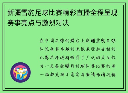 新疆雪豹足球比赛精彩直播全程呈现赛事亮点与激烈对决